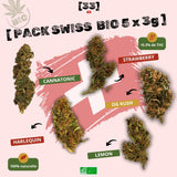 Visuel du Pack Bio Suisse 5 x 3g de Gr33nz, incluant 3g de Cannatonic, 3g de Harlequin, 3g de Lemon, 3g d’OG Kush et 3g de Strawberry. Un assortiment de fleurs CBD bio suisses, 100% naturelles et à moins de 0,3% de THC.