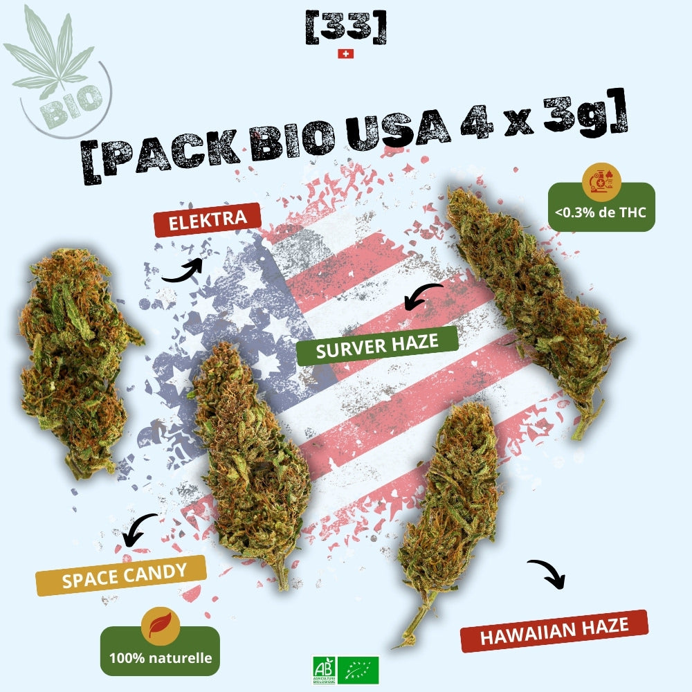 Visuel du Pack bio USA 4 x 3g de Gr33nz, contenant 3g d’Elektra, 3g de Surver Haze, 3g de Hawaiian Haze et 3g de Space Candy. Une sélection de fleurs CBD bio américaines, 100% naturelles et à moins de 0,3% de THC.