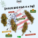 Visuel du Pack bio USA 4 x 3g de Gr33nz, contenant 3g d’Elektra, 3g de Surver Haze, 3g de Hawaiian Haze et 3g de Space Candy. Une sélection de fleurs CBD bio américaines, 100% naturelles et à moins de 0,3% de THC.