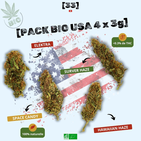 Visuel du Pack bio USA 4 x 3g de Gr33nz, contenant 3g d’Elektra, 3g de Surver Haze, 3g de Hawaiian Haze et 3g de Space Candy. Une sélection de fleurs CBD bio américaines, 100% naturelles et à moins de 0,3% de THC.