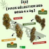 Visuel du Pack Sélection des Boss CBD 4 x 3g de Gr33nz, incluant 3g de Space Candy, 3g d’Elektra, 3g de Strawberry et 3g de Cannatonic. Une sélection premium de fleurs CBD bio, 100% naturelles et à moins de 0,3% de THC.