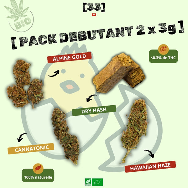 Visuel du Pack Débutant CBD 4 x 3g de Gr33nz, composé de 3g de Dry Hash, 3g de Cannatonic, 3g d'Alpine Gold et 3g d'Hawaiian Haze. Une sélection 100% naturelle pour une découverte complète du CBD bio avec moins de 0,3% de THC.
