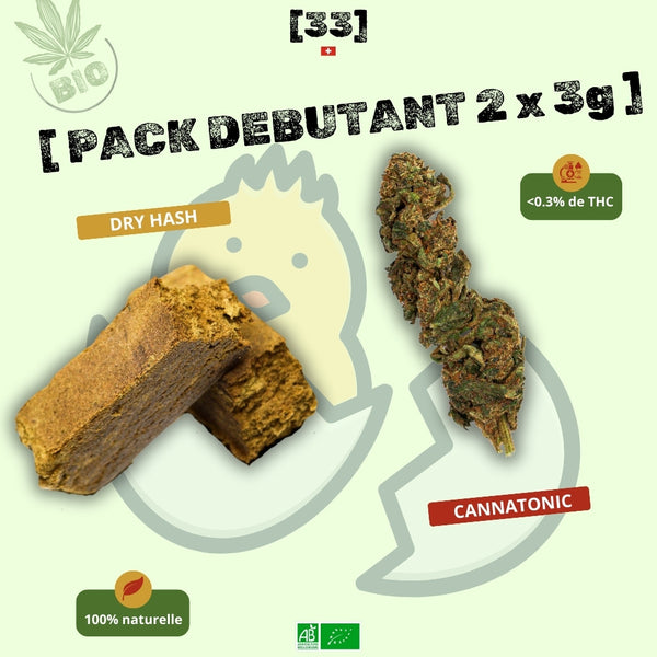 Visuel du Pack Débutant CBD 2 x 3g de Gr33nz, incluant 3g de Dry Hash et 3g de Cannatonic, une combinaison parfaite pour découvrir les bienfaits du CBD bio avec moins de 0,3% de THC.