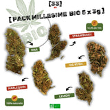 Présentation du Pack Millésime Bio regroupant 5 variétés de fleurs de CBD (RNA, Strawberry, OG Kush, Lemon, Harlequin) : culture 100% naturelle et moins de 0,3% de THC pour votre tisane cbd