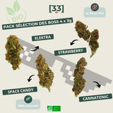 Visuel du Pack Sélection des Boss CBD 4 x 3g de Gr33nz, incluant 3g de Space Candy, 3g d’Elektra, 3g de Strawberry et 3g de Cannatonic. Une sélection premium de fleurs CBD bio, 100% naturelles et à moins de 0,3% de THC.