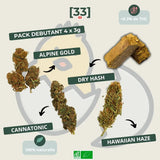 Visuel du Pack Débutant CBD 4 x 3g de Gr33nz, composé de 3g de Dry Hash, 3g de Cannatonic, 3g d'Alpine Gold et 3g d'Hawaiian Haze. Une sélection 100% naturelle pour une découverte complète du CBD bio avec moins de 0,3% de THC.