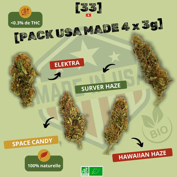 Visuel du Pack USA Made 4 x 3g de Gr33nz, contenant 3g d’Elektra, 3g de Surver Haze, 3g de Hawaiian Haze et 3g de Space Candy. Une sélection de fleurs CBD bio américaines, 100% naturelles et à moins de 0,3% de THC.