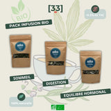 Visuel du Pack Infusion CBD Bio de Gr33nz, comprenant trois infusions aux bienfaits ciblés : Sommeil, Digestion et Équilibre Hormonal, élaborées à partir de chanvre bio et plantes naturelles.