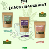 Visuel du Pack tisane CBD Bio de Gr33nz, comprenant trois tisane aux bienfaits ciblés : épure, nuit et cycle Hormonal, élaborées à partir de chanvre bio et plantes naturelles.