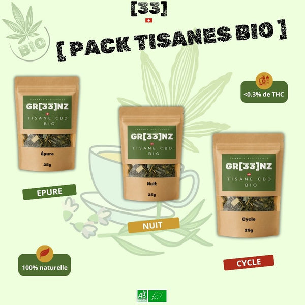 Visuel du Pack tisane CBD Bio de Gr33nz, comprenant trois tisane aux bienfaits ciblés : épure, nuit et cycle Hormonal, élaborées à partir de chanvre bio et plantes naturelles.