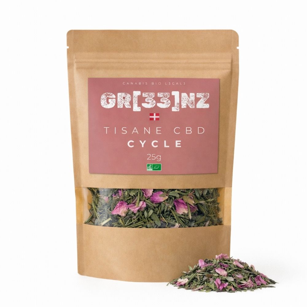 Image illustrant tisane bio «cycle» GR33NZ, une création à base de 25 % de chanvre CBD bio et de plantes sélectionnées pour leur action naturelle (sauge, sauge ananas, thym citron)