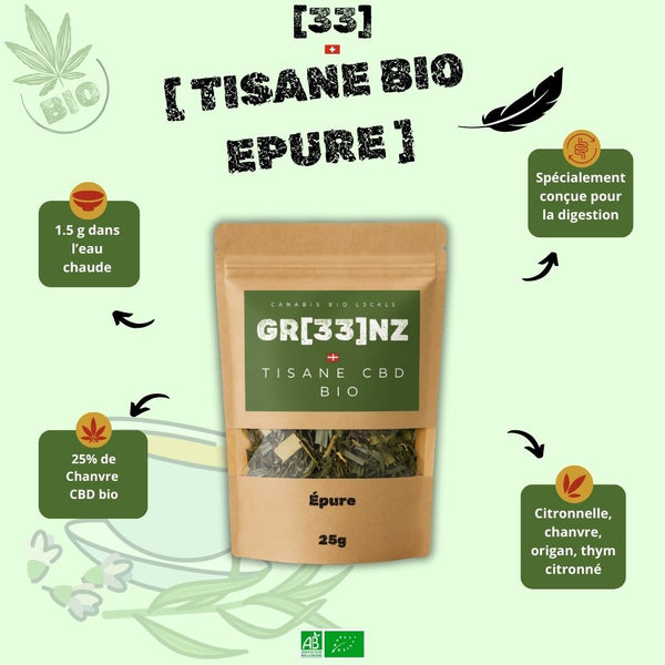 Image présentant la tisane bio « épure » GR33NZ, un mélange artisanal associant 25 % de chanvre CBD bio à des plantes issues de l’agriculture biologique (citronnelle, origan, thym citronné)
