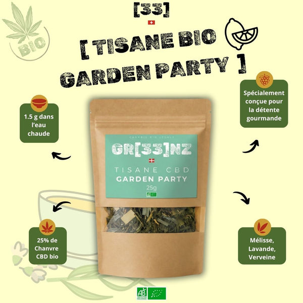 Tisane Bio Garden Party GR33NZ : chanvre CBD bio et plantes naturelles pour une détente douce et gourmande. Produit artisanal 100 % bio.