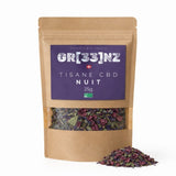 Visuel de la tisane bio « nuit » GR33NZ, une création naturelle à base de 25 % de chanvre CBD bio associée à la mélisse, la lavande et la verveine