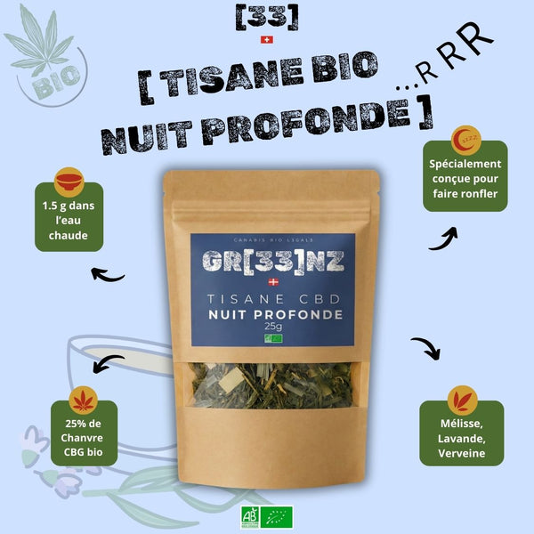 Tisane Bio Nuit Profonde GR33NZ : chanvre CBG bio, lavande et verveine pour un sommeil réparateur et apaisé. 100 % naturelle et artisanale.
