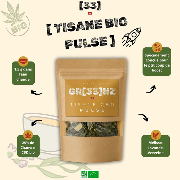 Tisane Bio Pulse GR33NZ : mélange chanvre CBD bio et plantes naturelles pour un regain d’énergie sain et équilibré. 100 % bio et artisanal.