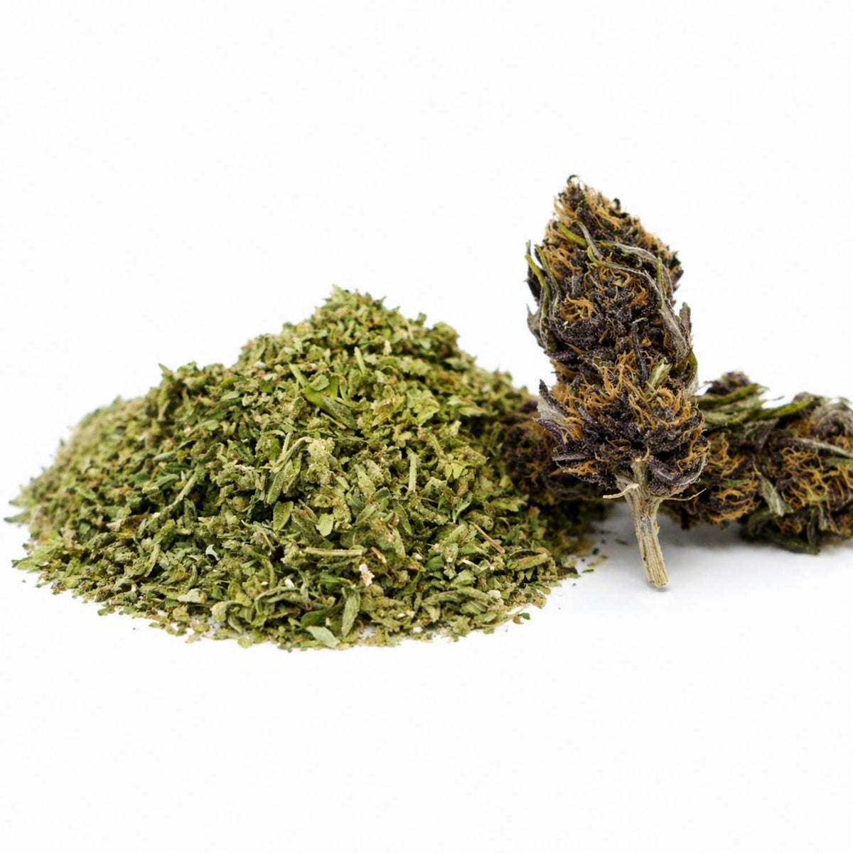 Trim CBD Yuzu Purple avec sa fleur CBD sur fond blanc, montrant un tas de trim vert clair accompagné d’une tête de fleur violette aux pistils orangés.